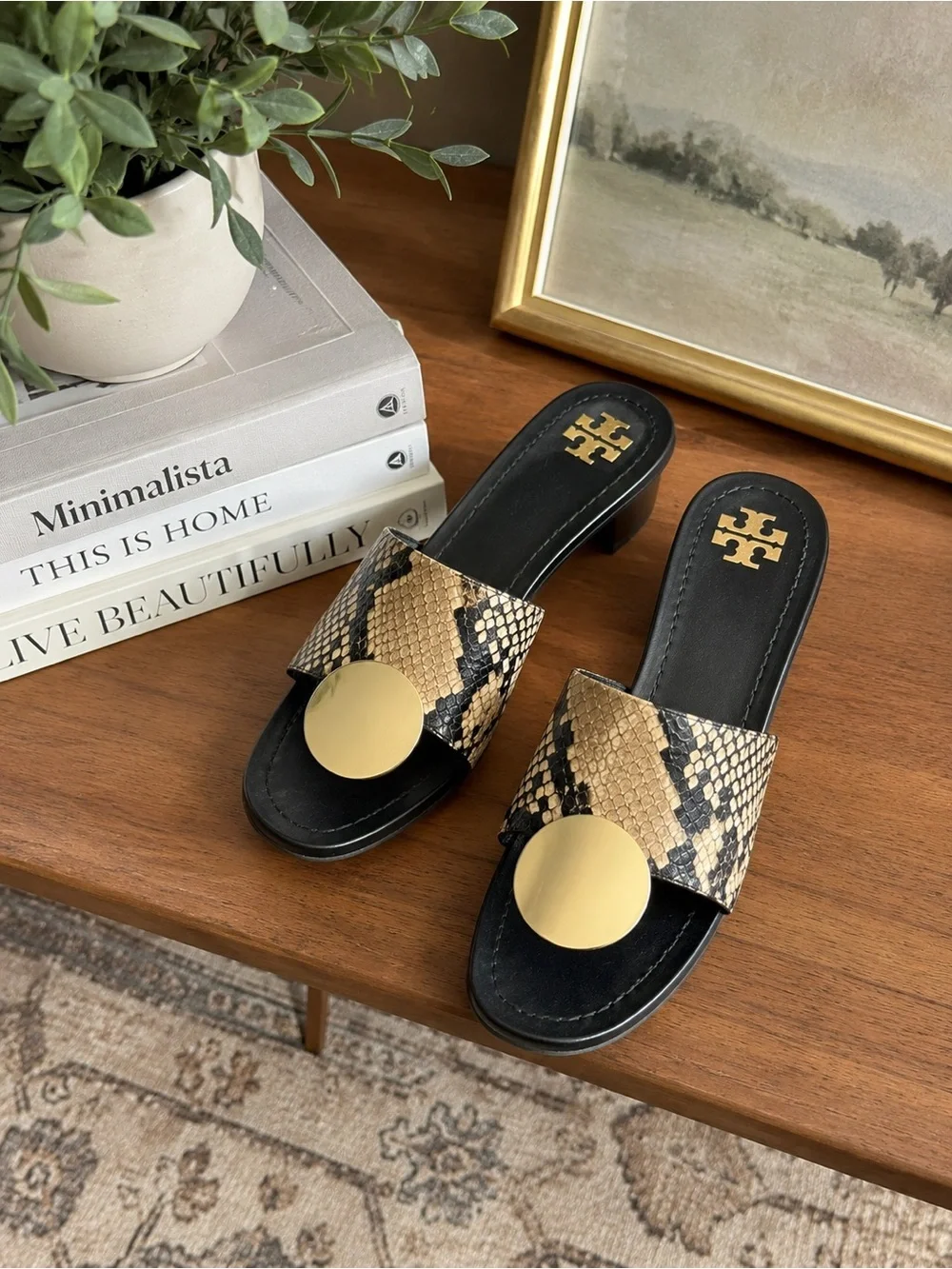 Tory Burch Black & Tan Snake-Print Slide Mules with Gold Disc